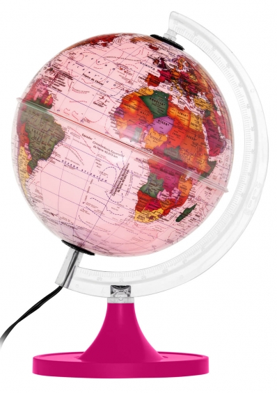 Globo Terrestre 21cm: Aquarela Político - Rosa iluminado led branco bivolt - Base magenta