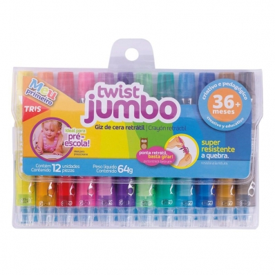 Giz de cera retrátil twist jumbo 12 cores - Tris