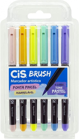 Marcador artístico aquarelável estojo 6 cores tons pastel brush - CIS