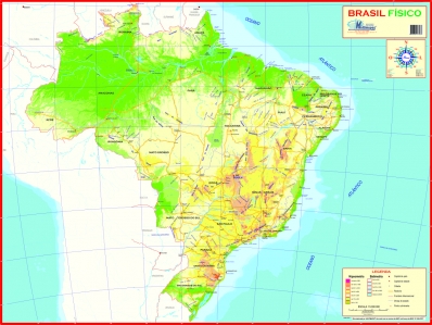 Mapa do Brasil físico regional plastificado dobrado s/ moldura 120x90cm