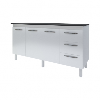 Kit Balcão Cozinha Gabinete Carina 138 cm Branco com Tampo Tampão 140 cm Carina Preto