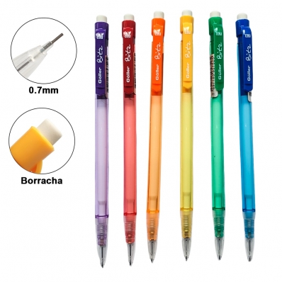 Lapiseira escolar 0.7 mm com borracha bits laranja
