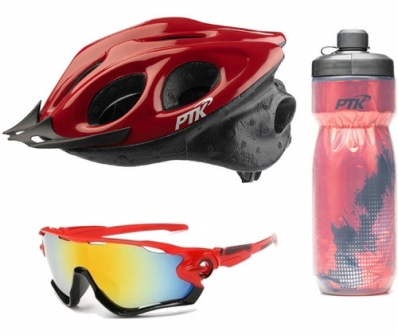 Kit Capacete Ciclismo Garrafa Caramanhola Óculos Ptk Vermelh