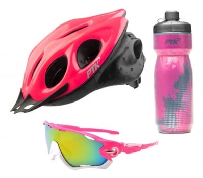 Kit Capacete Ciclismo Garrafa Caramanhola Óculos Ptk Rosa