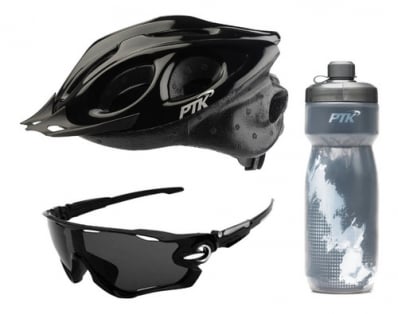 Kit Capacete Ciclismo Garrafa Caramanhola Óculos Ptk Preto