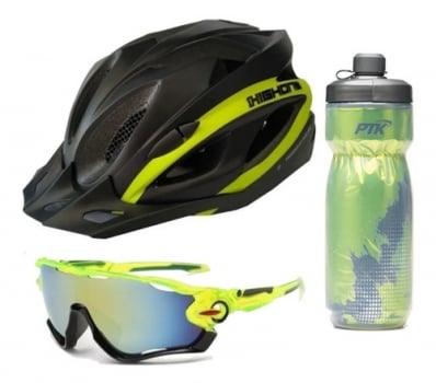 Kit Capacete Ciclismo Garrafa Squezze Óculos Highone Amarelo