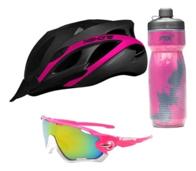 Kit Capacete Ciclismo Garrafa Squezze Óculos Highone Rosa