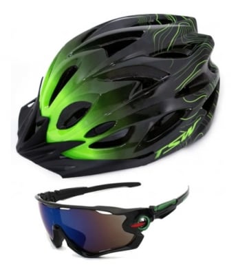 Kit Capacete Tsw Com Led Ciclismo Óculos Uv400 Bike Verde