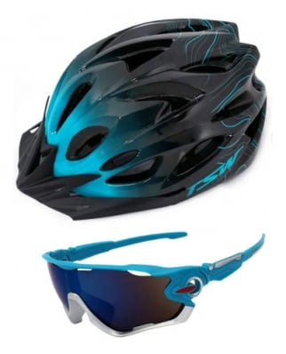 Kit Capacete Tsw Com Led Ciclismo Óculos Uv400 Bike Azul