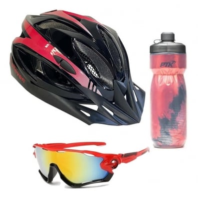 Kit Capacete Ciclismo Elleven Garrafa Térmica Óculos Vermelho