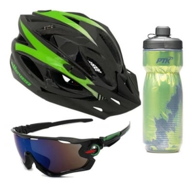 Kit Capacete Ciclismo Elleven Garrafa Térmica Óculos Verde