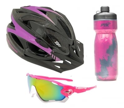 Kit Capacete Ciclismo Elleven Garrafa Térmica Óculos Rosa