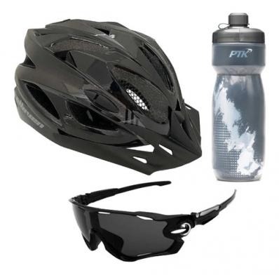 Kit Capacete Ciclismo Elleven Garrafa Térmica Óculos Preto