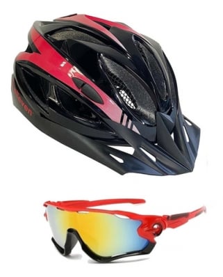 Kit Capacete Ciclismo Elleven Com Pisca Óculos Uv400 Vermelh