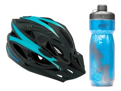 Kit Capacete Ciclismo Elleven Com Led Garrafa Térmica Azul