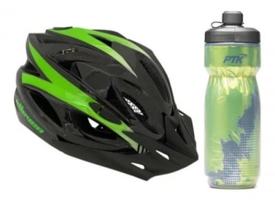 Kit Capacete Ciclismo Elleven Com Led Garrafa Térmica Verde