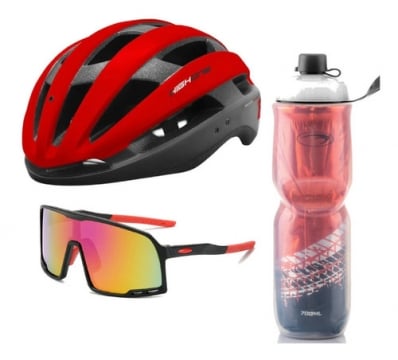 Kit Capacete Ciclismo Highone Garrafa Térmica Óculos Vermelh