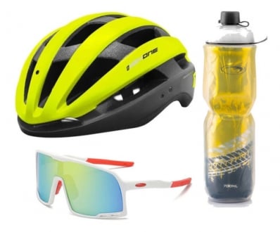 Kit Capacete Ciclismo Highone Garrafa Térmica Óculos Amarelo