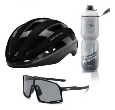 Kit Capacete Ciclismo High One Garrafa Térmica Óculos Preto