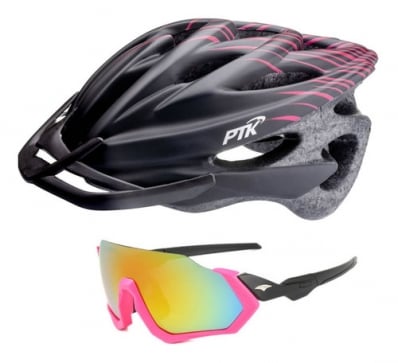 Capacete Ciclismo Ptk Bike Óculos Uv400 Mtb Speed Rosa