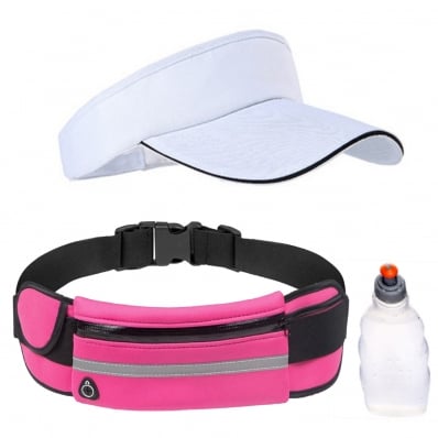 Kit Corrida Viseira Boné Cinto Hidratação Triathlon Rosa