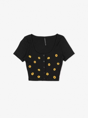 BLUSA RIBANA BORDADO GIRASSOL PRETO AUTHORIA