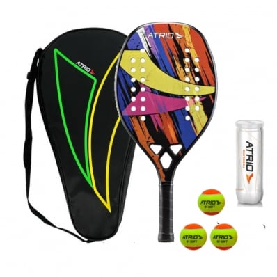 Raquete Beach Tennis Fiberglass Eva Com Raqueteira + 3 Bolas