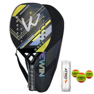 Raquete Beach Tennis 100% Carbono 3k com bolas Primewave Amarela