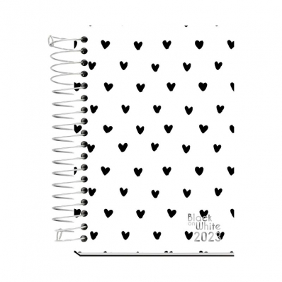 Agenda espiral anual black on white corações 168 fls 100x150mm 2023
