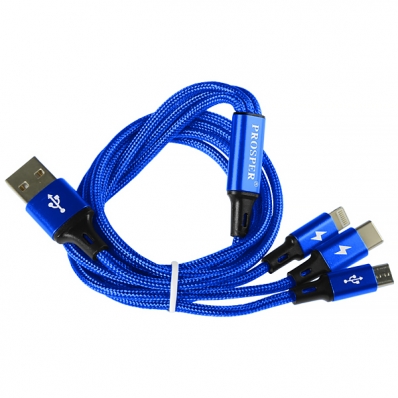 Cabo 3 Em 1 Prosper P-5515 Micro USB + Lightning + USB-C - Azul