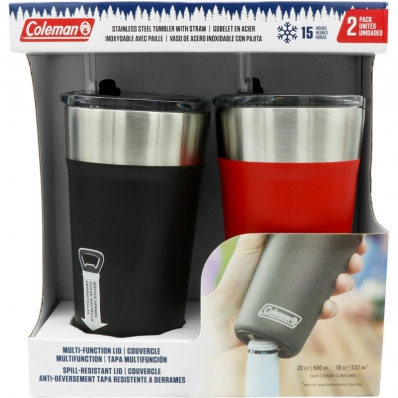 Kit Copo Termico com Tampa e Canudo Coleman 600ML - Preto/Vermelho