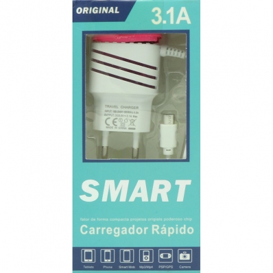Carregador de Parede Universal Smart Micro-USB 1200MM - Rosa/Branco