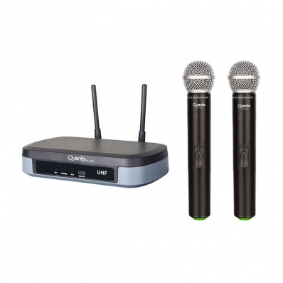 Microfone Duplo Profissional Quanta QTMWU104 Wireless Uhf Preto