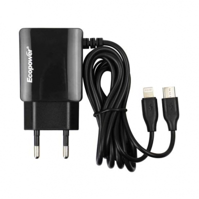Carregador Ecopower EP-7057 - USB Tipo c/Lightning - Preto