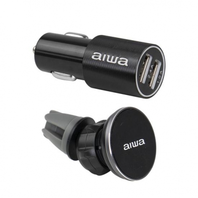 Kit Carregador Veicular Aiwa AWX10 - com Suporte e Cabo - 2X USB - 3.4A - Preto