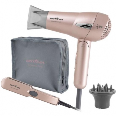Secador Kit Britania Travel - + Alisador - 1200W - Bivolt - Rose Gold