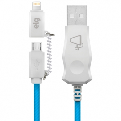 Cabo 2 Em 1 Elg LED8510BE Micro USB + Lightning 1 Metro - Azul/Branco