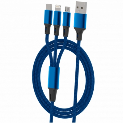 Cabo 3 Em 1 Megastar CH012A Micro USB + Lightning + USB-C - Azul
