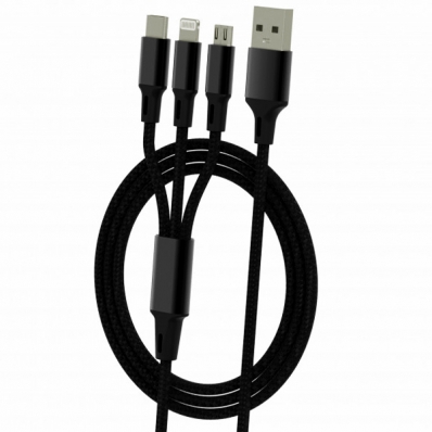 Cabo 3 Em 1 Megastar CH012N Micro USB + Lightning + USB-C - Preto