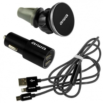 Carregador Veicular USB Aiwa AWX10 2 Saidas USB + Cabo USB + Suporte Magnetico - Preto