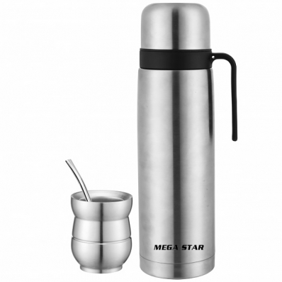 Garrafa Termica Inox Megastar TM12N de 1 Litro + Cuia e Bomba - Prata