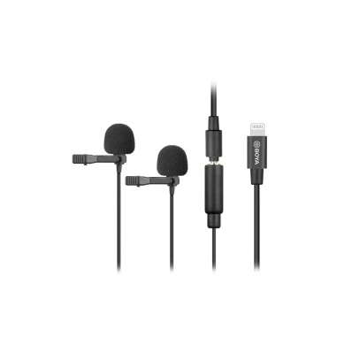 Microfone de Lapela Dupla Boya Lightning/Aux BY-M2D Preto