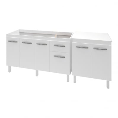 Armário Cozinha Gabinete Pia De 140 cm Camile Com Balcão Multiuso Micro-ondas Branco Serena