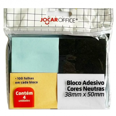Bloco adesivo jocar office 38x50mm cores neutras 100 fls com 4 un