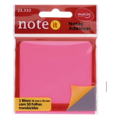 Bloco notas adesivas transparente note it 74x76mm 50 fls rosa