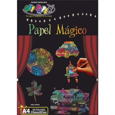 Papel mágico colorido revestido A4 210x297mm 5 fls com bastão