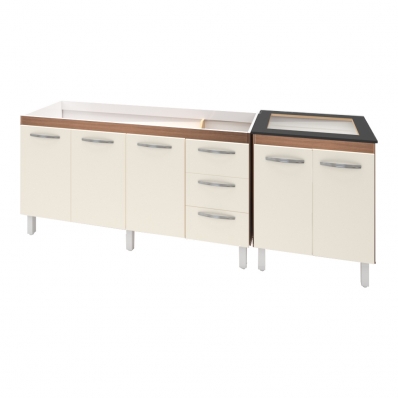Armário Cozinha Gabinete Pia De 160 cm Emily Com Balcão Cooktop 4 Bocas Savana Frente Off-white Jade