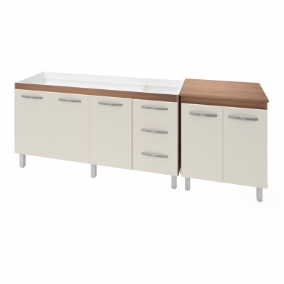 Armário Cozinha Gabinete Pia De 160 cm Emily Com Balcão Multiuso Micro-ondas Savana Frente Off-white Serena