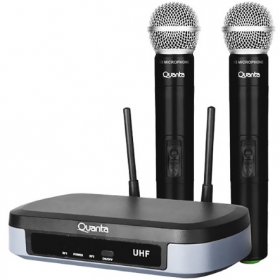 Sistema de Microfone Sem Fio Quanta QTMWU104 com 2 Microfones Bivolt - Preto/Cinza
