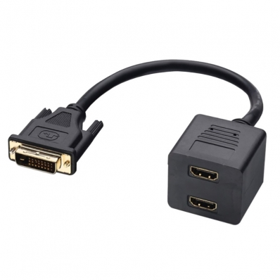 Cabo Adaptador DVI-D Macho e 2 Saidas HDMI Femeas 20 CM. Preto